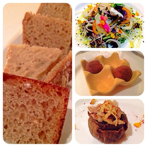 Selección de pan casero hecho del día, ensalada, croquetas y alcachofa