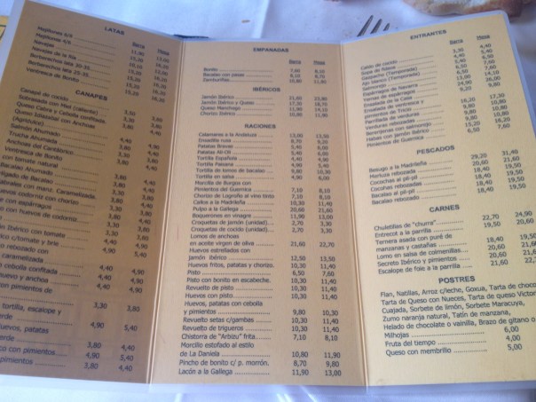 Carta con precios en Barra o Mesa