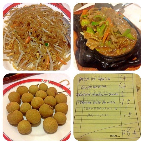 Tallarines de boniato, ternera a la plancha, lichys y cuenta