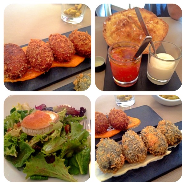 Hogaza braseada, Croquetas de jamón y marisco y Ensalada con queso de cabra y níspero