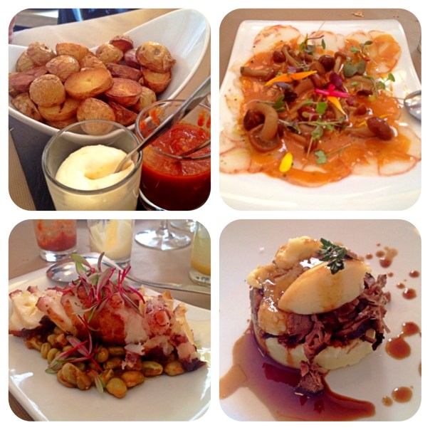 Patatas bravas de rio, Carpaccio de gamba y setas, Salteados de habitas con pulpo y jarrete con puré trufado