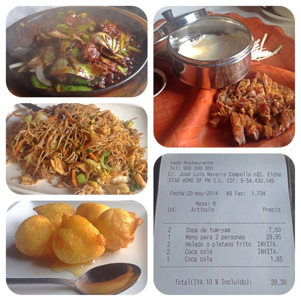 Ternera asada, Fideos chinos, Pato estilo beijing, platano y helado frito, ticket