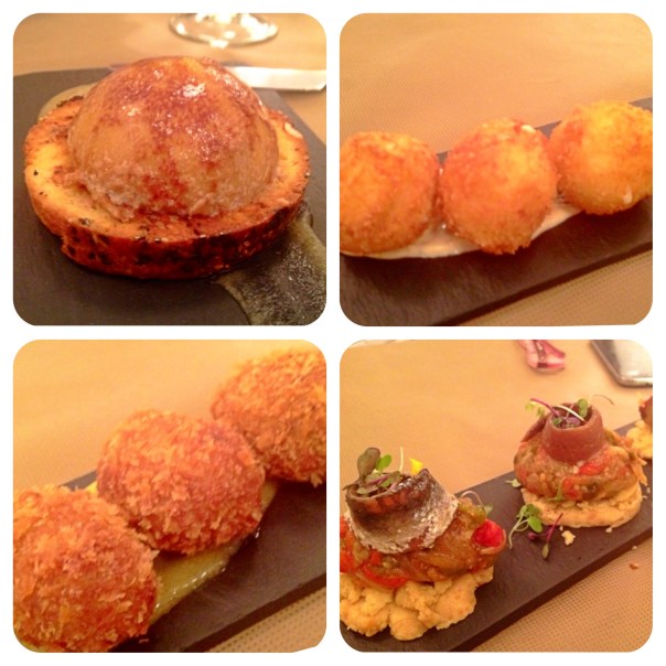 Foie, croquetas de huevo, croquetas de bacon y coca de escalivada