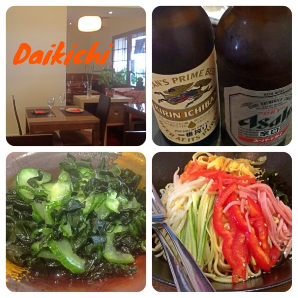 Daikichi, cerveza, sunomono y hiyashi chuka 