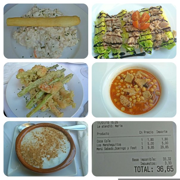 Ensaladilla, Cogollos, Callos, Tempura, Arroz con leche y Ticket