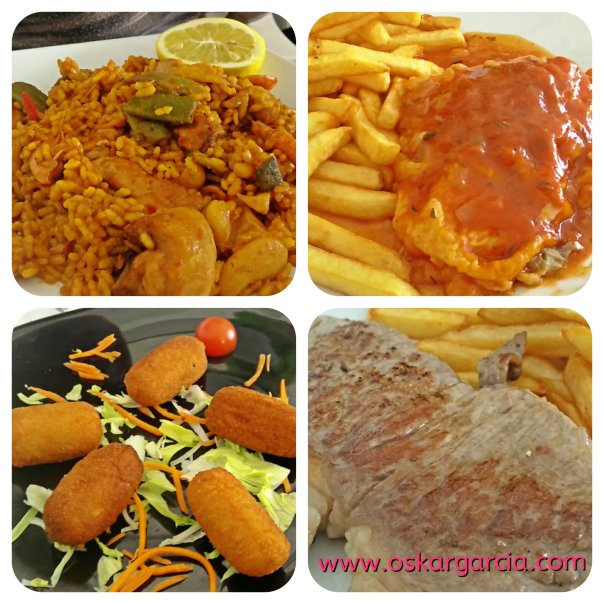 croquetas, arroz, entrecot, bacalao